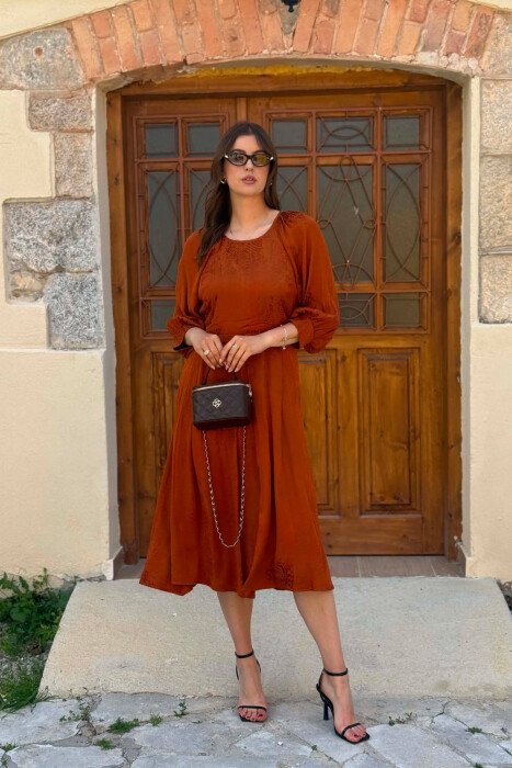SHINY ONE COLOR WOMAN DRESS BRICK/TULLE - KLAUDIO FASHION