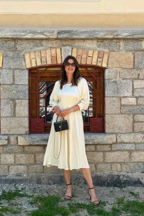 SHINY ONE COLOR WOMAN DRESS CREAM/KREM - KLAUDIO FASHION