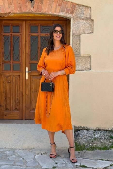 SHINY ONE COLOR WOMAN DRESS ORANGE/PORTOKALLI - KLAUDIO FASHION