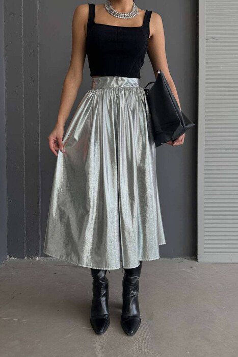 SHINY ONE COLOR WOMAN SKIRT SILVER/ARGJEND - KLAUDIO FASHION