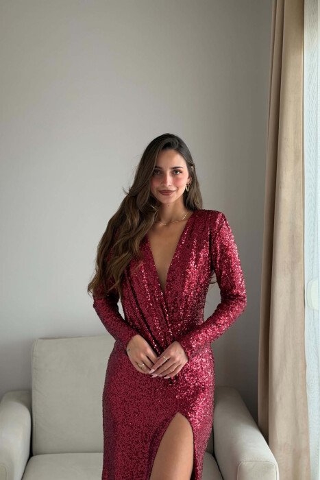 SHINY SEQUIN LONG SLEEVE V NECK LONG WOMAN DRESS BURGUNDY/VISHNJE - 3