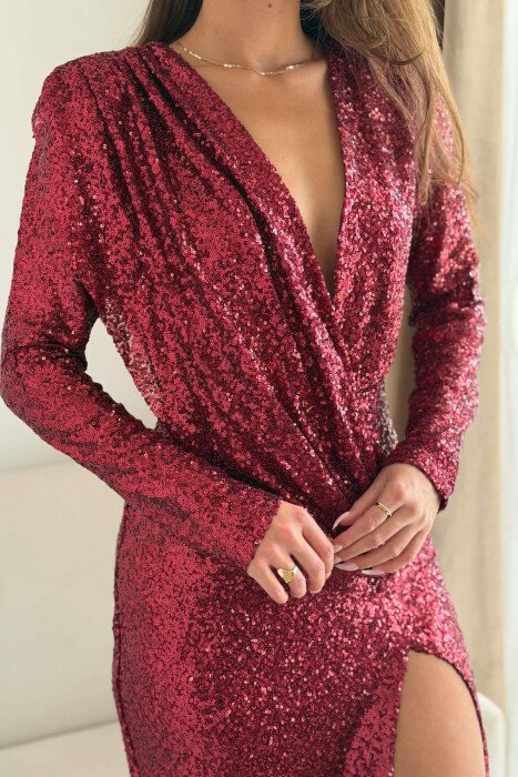 SHINY SEQUIN LONG SLEEVE V NECK LONG WOMAN DRESS BURGUNDY/VISHNJE - 4