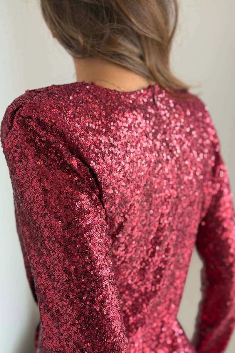 SHINY SEQUIN LONG SLEEVE V NECK LONG WOMAN DRESS BURGUNDY/VISHNJE - 6