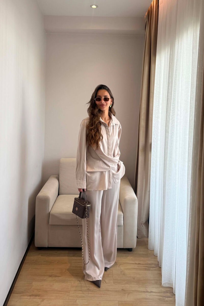 SHINY SHIRT + ELASTIC WAIST TROUSERS WOMAN SET BEIGE/BEZHE - 2