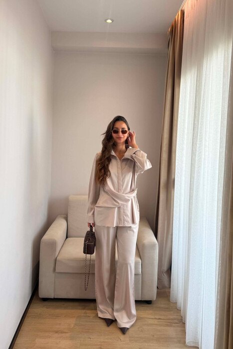 SHINY SHIRT + ELASTIC WAIST TROUSERS WOMAN SET BEIGE/BEZHE - 3