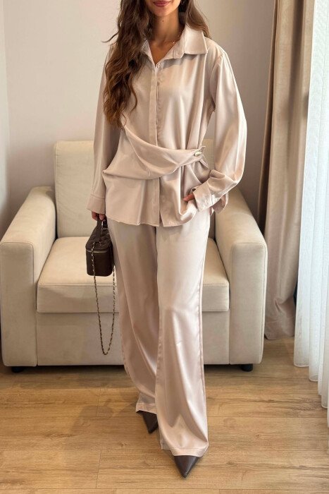 SHINY SHIRT + ELASTIC WAIST TROUSERS WOMAN SET BEIGE/BEZHE - 4
