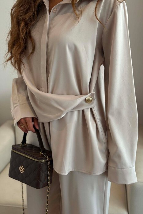 SHINY SHIRT + ELASTIC WAIST TROUSERS WOMAN SET BEIGE/BEZHE - 7