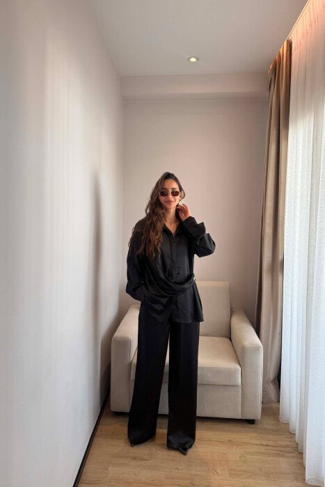 SHINY SHIRT + ELASTIC WAIST TROUSERS WOMAN SET BLACK/ E ZEZE - KLAUDIO FASHION
