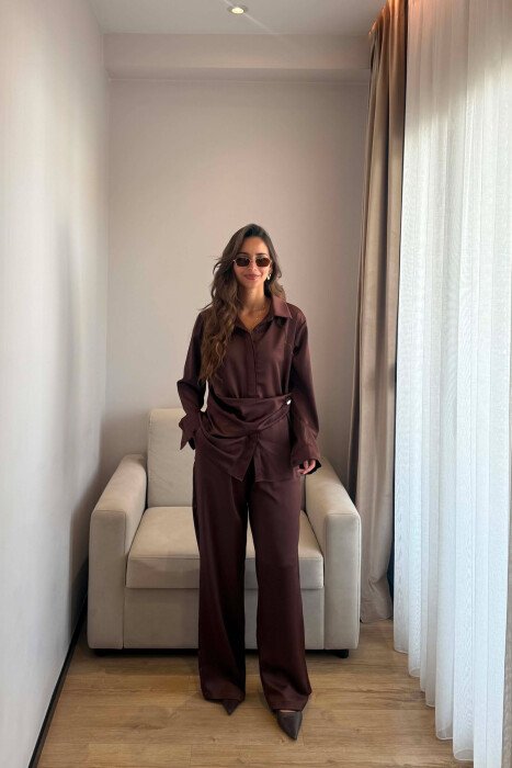 SHINY SHIRT + ELASTIC WAIST TROUSERS WOMAN SET BROWN/KAFE 
