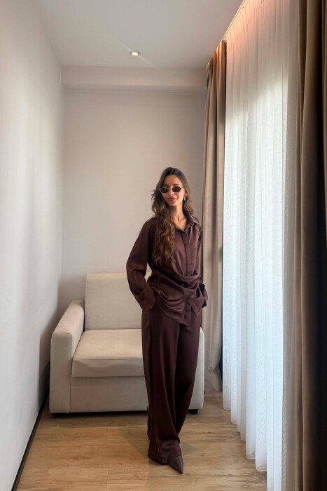 SHINY SHIRT + ELASTIC WAIST TROUSERS WOMAN SET BROWN/KAFE - 2
