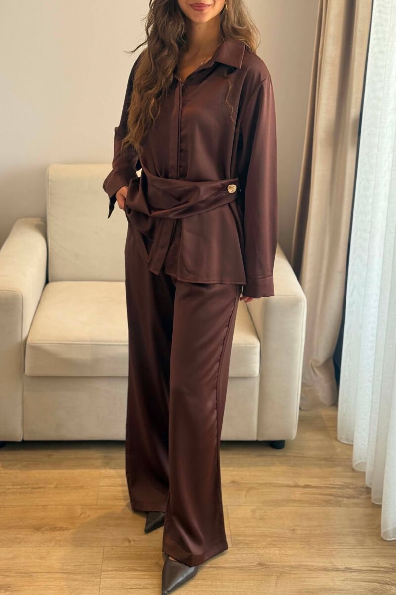 SHINY SHIRT + ELASTIC WAIST TROUSERS WOMAN SET BROWN/KAFE - 3