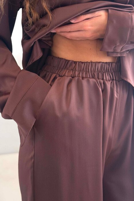 SHINY SHIRT + ELASTIC WAIST TROUSERS WOMAN SET BROWN/KAFE - 4