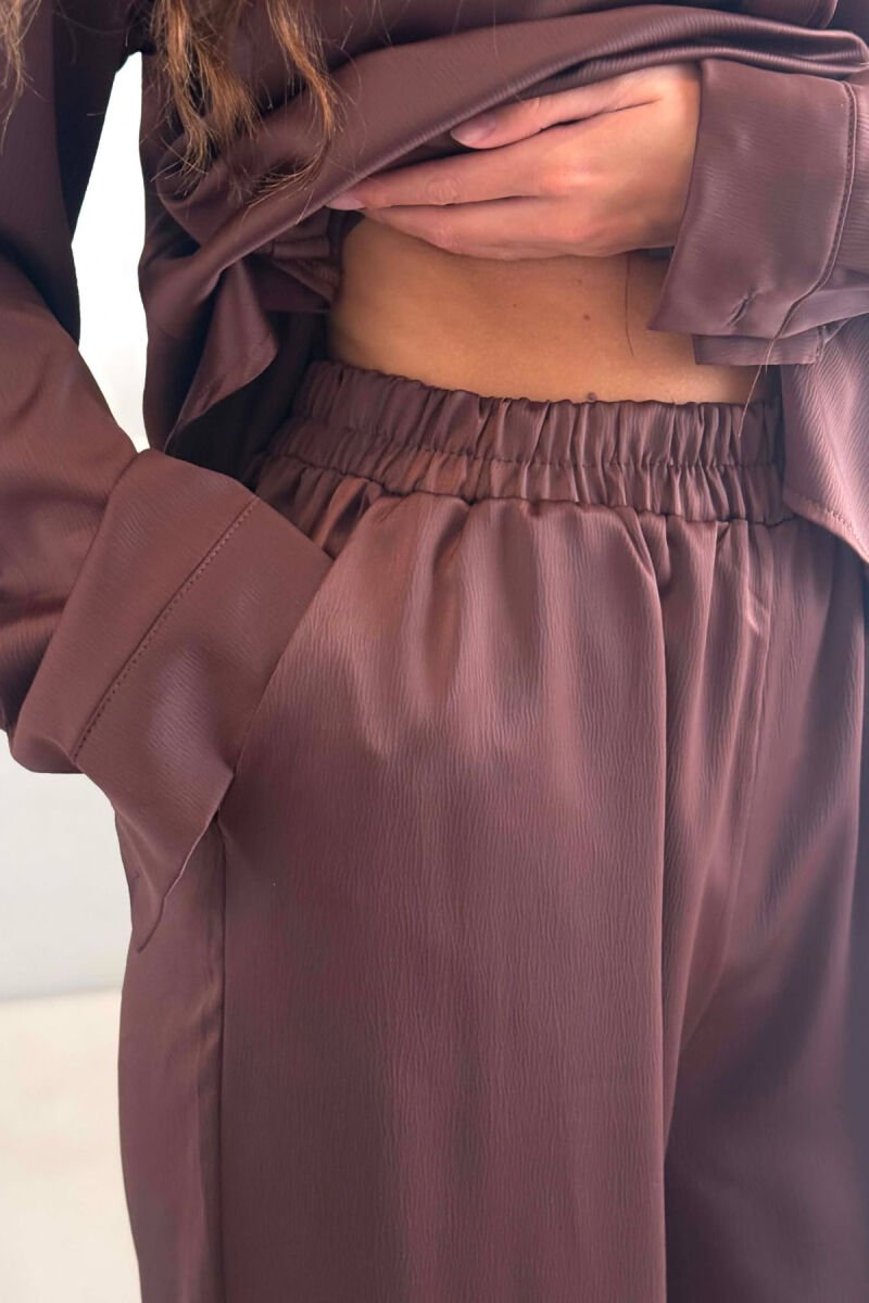 SHINY SHIRT + ELASTIC WAIST TROUSERS WOMAN SET BROWN/KAFE - 4