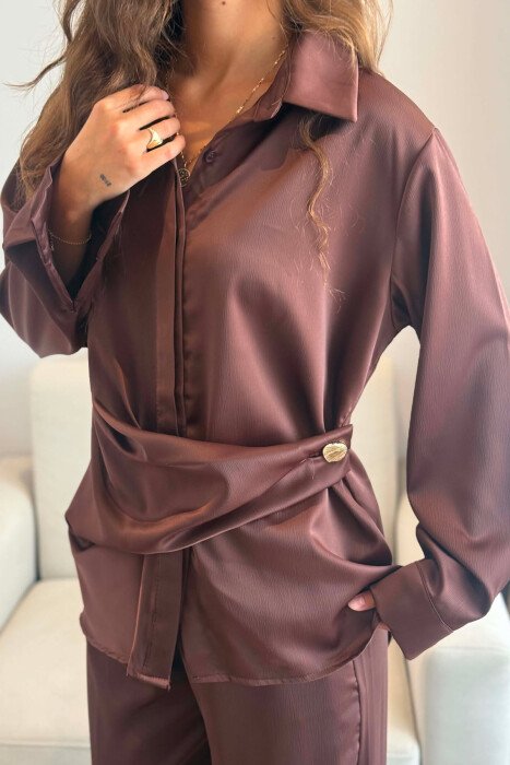 SHINY SHIRT + ELASTIC WAIST TROUSERS WOMAN SET BROWN/KAFE - 5