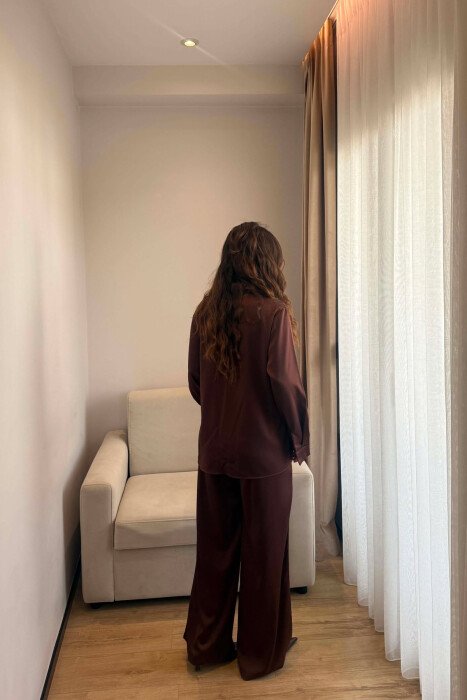 SHINY SHIRT + ELASTIC WAIST TROUSERS WOMAN SET BROWN/KAFE - 6