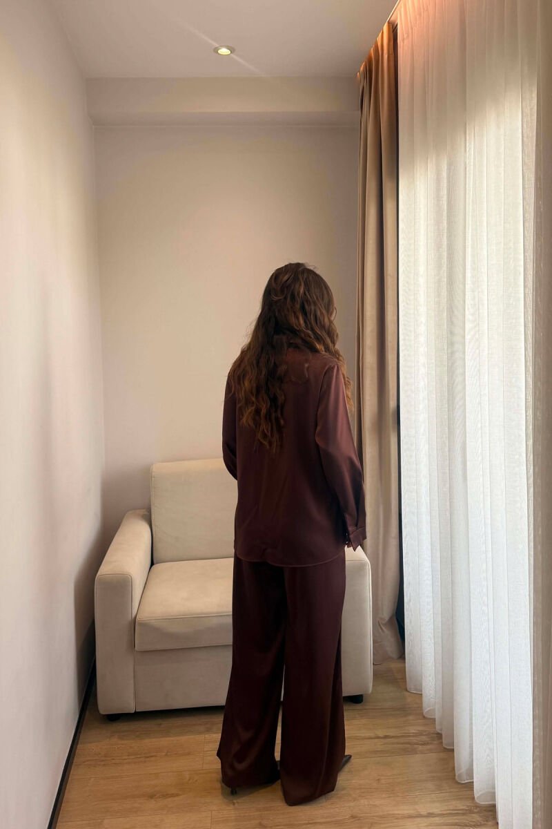 SHINY SHIRT + ELASTIC WAIST TROUSERS WOMAN SET BROWN/KAFE - 6