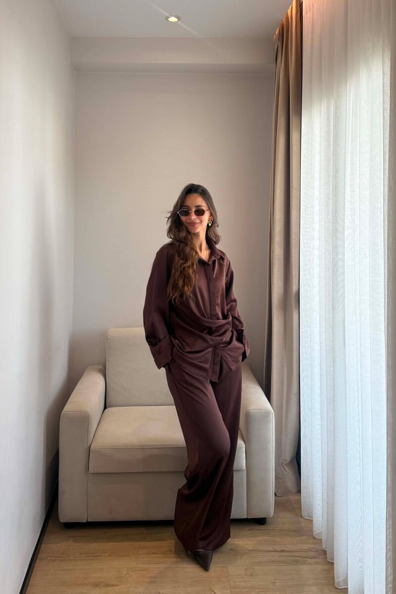 SHINY SHIRT + ELASTIC WAIST TROUSERS WOMAN SET BROWN/KAFE - 7