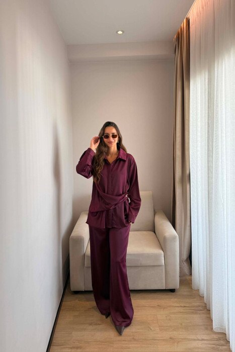 SHINY SHIRT + ELASTIC WAIST TROUSERS WOMAN SET BURGUNDY/VISHNJE 