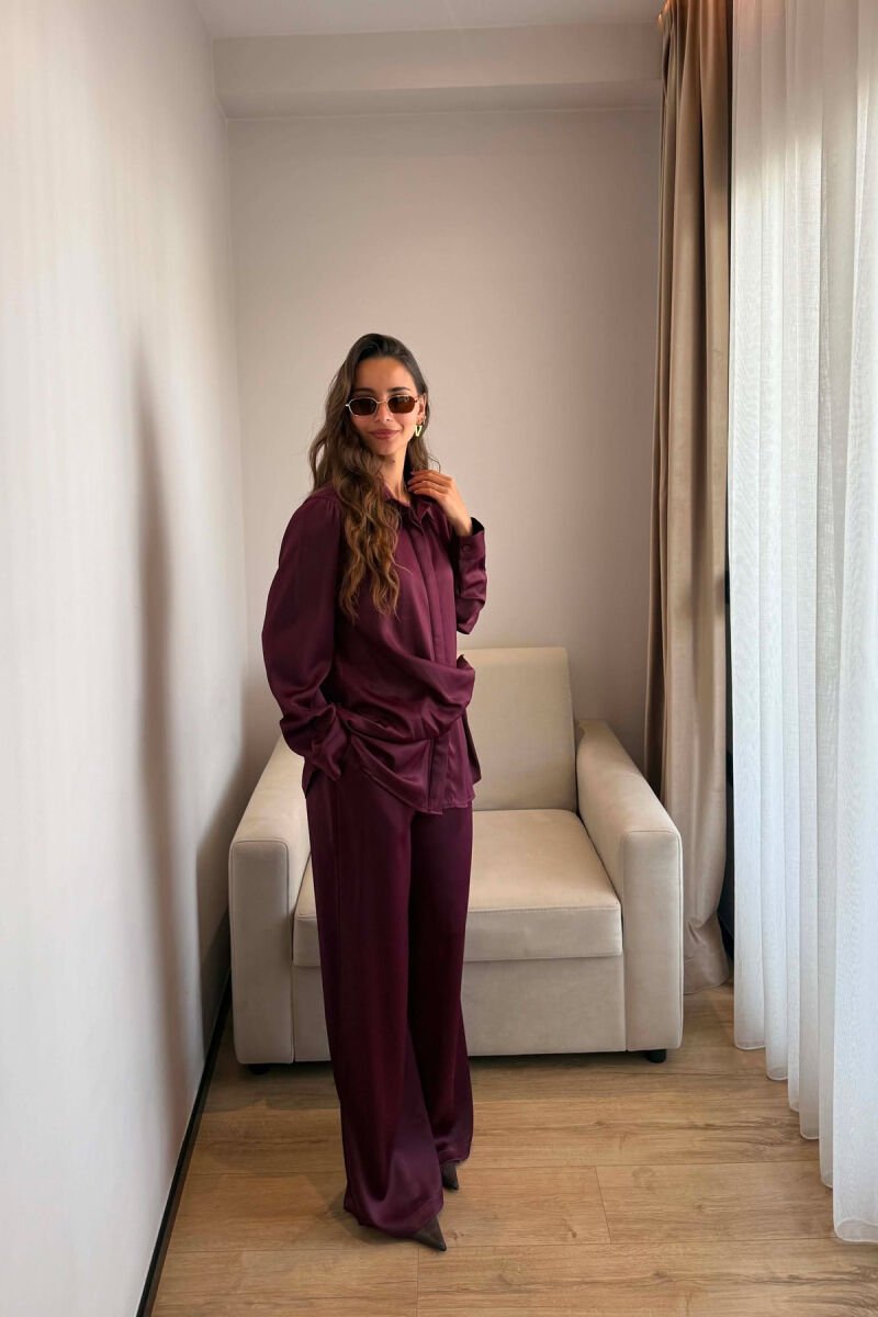 SHINY SHIRT + ELASTIC WAIST TROUSERS WOMAN SET BURGUNDY/VISHNJE - 2