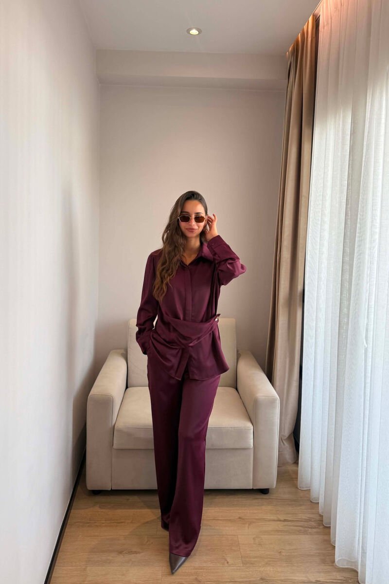 SHINY SHIRT + ELASTIC WAIST TROUSERS WOMAN SET BURGUNDY/VISHNJE - 3