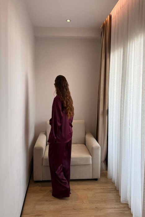 SHINY SHIRT + ELASTIC WAIST TROUSERS WOMAN SET BURGUNDY/VISHNJE - 4