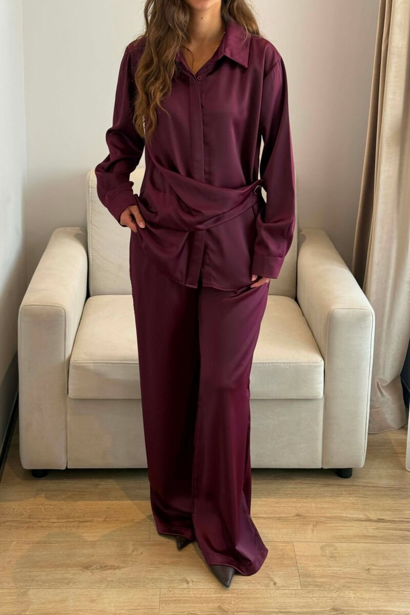 SHINY SHIRT + ELASTIC WAIST TROUSERS WOMAN SET BURGUNDY/VISHNJE - 6