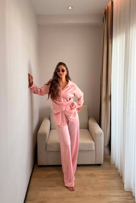 SHINY SHIRT + ELASTIC WAIST TROUSERS WOMAN SET POWDER/PUDER 