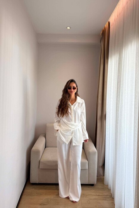 SHINY SHIRT + ELASTIC WAIST TROUSERS WOMAN SET WHITE-E BARDHE 