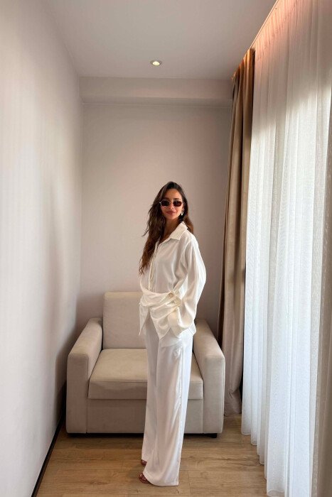 SHINY SHIRT + ELASTIC WAIST TROUSERS WOMAN SET WHITE-E BARDHE - 2