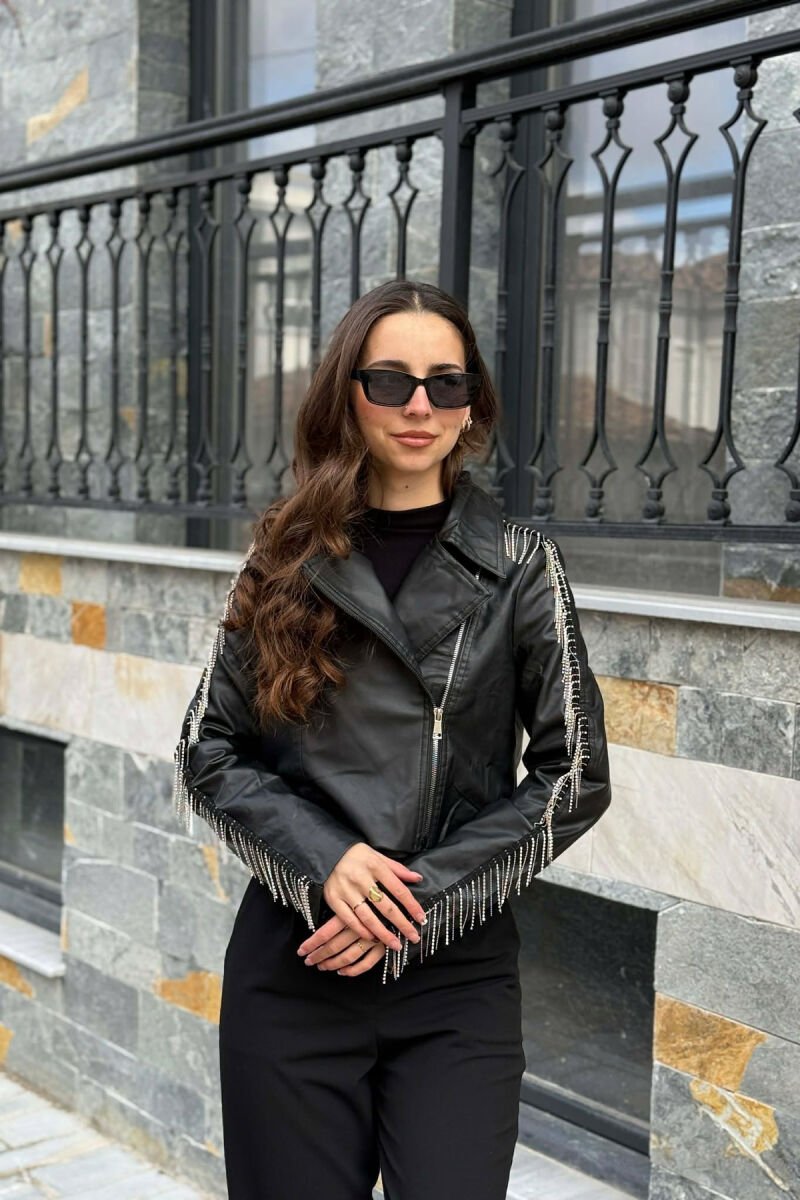 SHINY STONES DETAIL CROPPED LEATHER WOMEN JACKET BLACK/ E ZEZE - 1