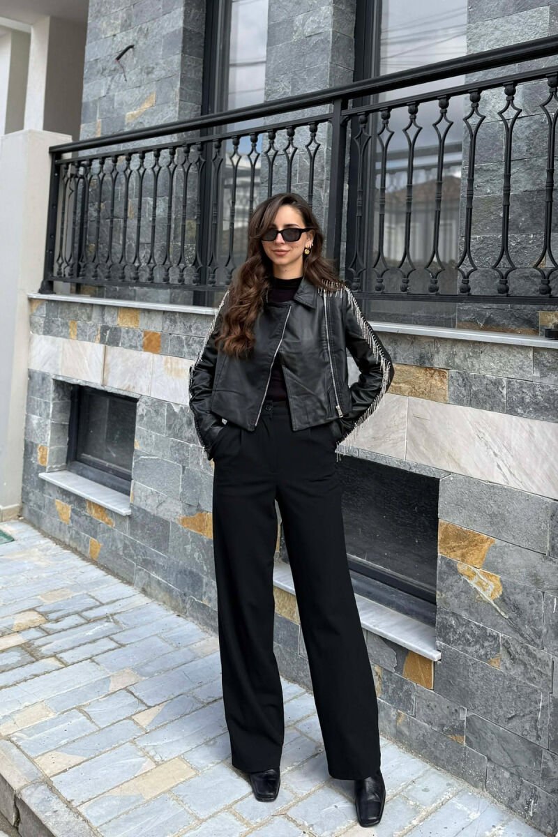 SHINY STONES DETAIL CROPPED LEATHER WOMEN JACKET BLACK/ E ZEZE - 4