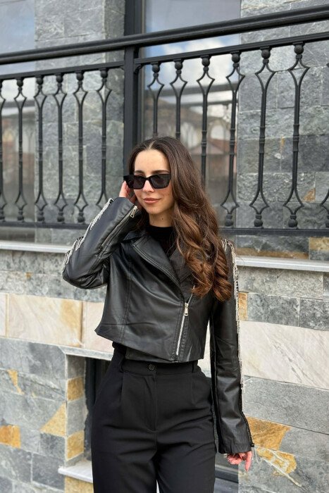 SHINY STONES DETAIL CROPPED LEATHER WOMEN JACKET BLACK/ E ZEZE - 6