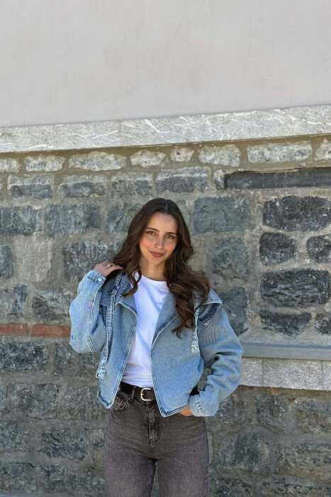 SHINY STONES DETAIL DENIM WOMAN JACKET LIGHTBLUE/BZ - 1