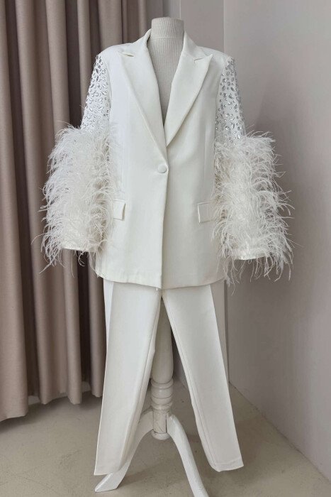 SHINY STONES DETAIL JACKET+TROUSERS WOMEN SET WHITE-E BARDHE - KLAUDIO FASHION
