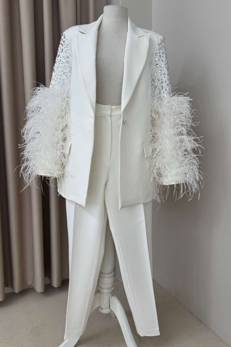 SHINY STONES DETAIL JACKET+TROUSERS WOMEN SET WHITE-E BARDHE - 2