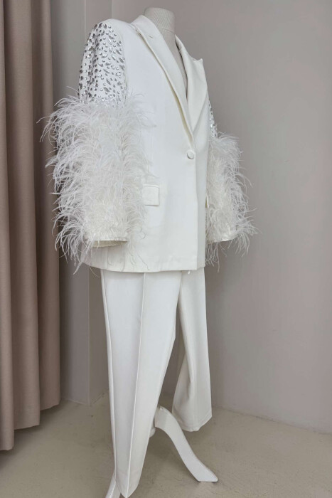 SHINY STONES DETAIL JACKET+TROUSERS WOMEN SET WHITE-E BARDHE - 3