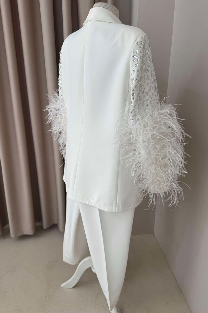 SHINY STONES DETAIL JACKET+TROUSERS WOMEN SET WHITE-E BARDHE - 4
