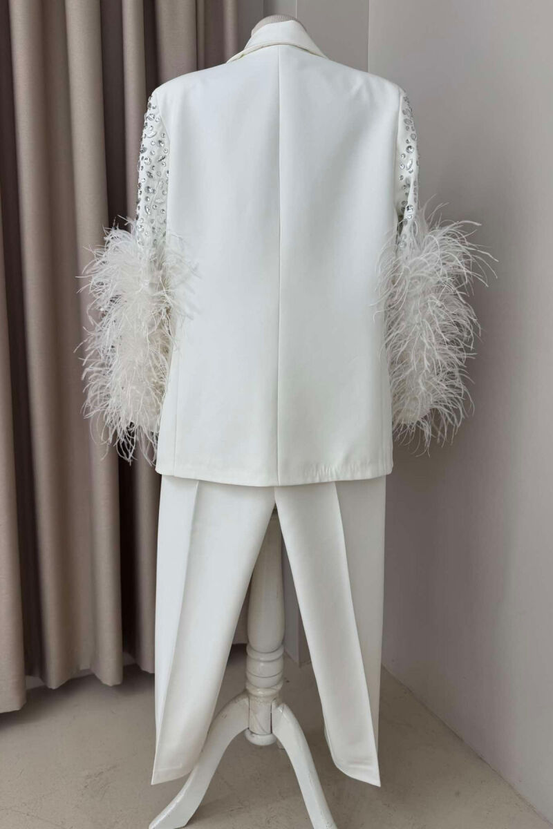 SHINY STONES DETAIL JACKET+TROUSERS WOMEN SET WHITE-E BARDHE - 5