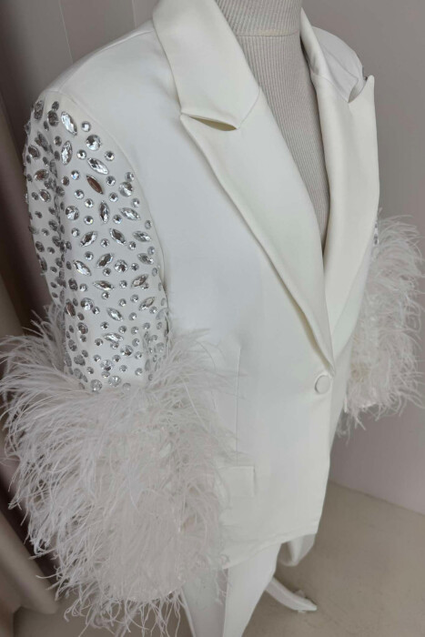 SHINY STONES DETAIL JACKET+TROUSERS WOMEN SET WHITE-E BARDHE - 6
