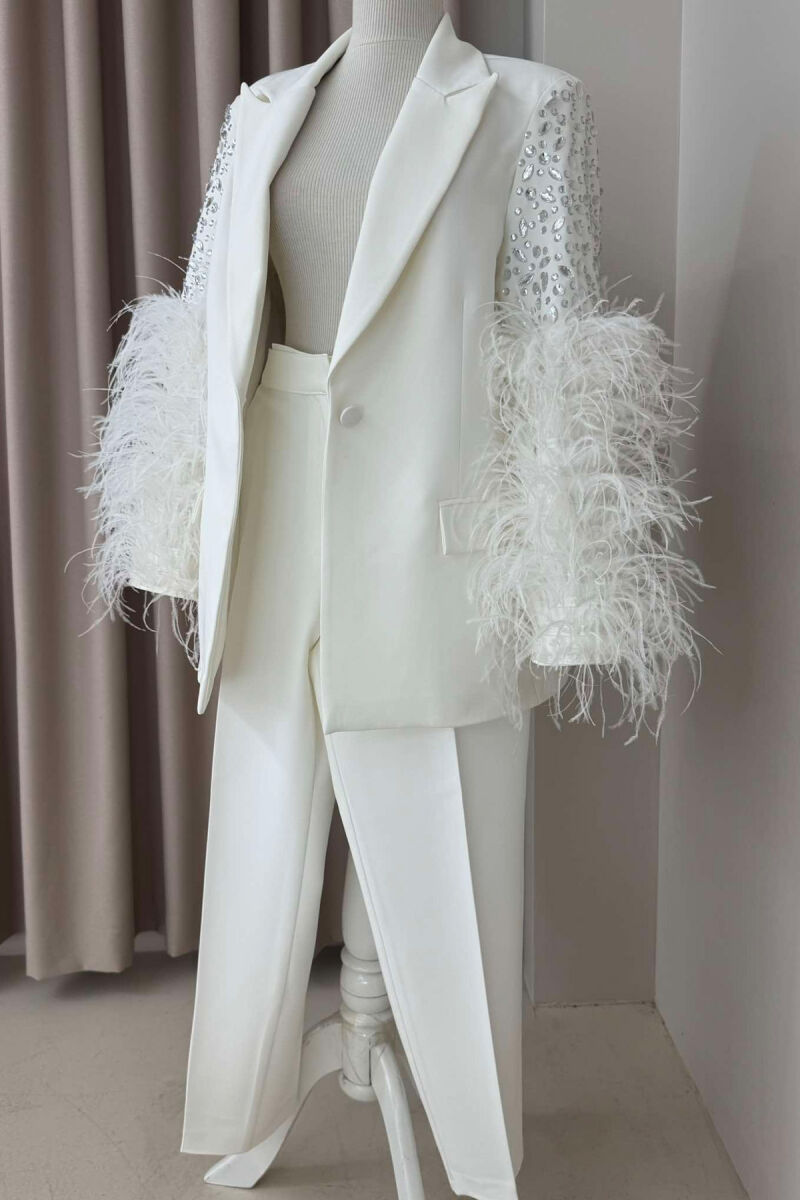 SHINY STONES DETAIL JACKET+TROUSERS WOMEN SET WHITE-E BARDHE - 7