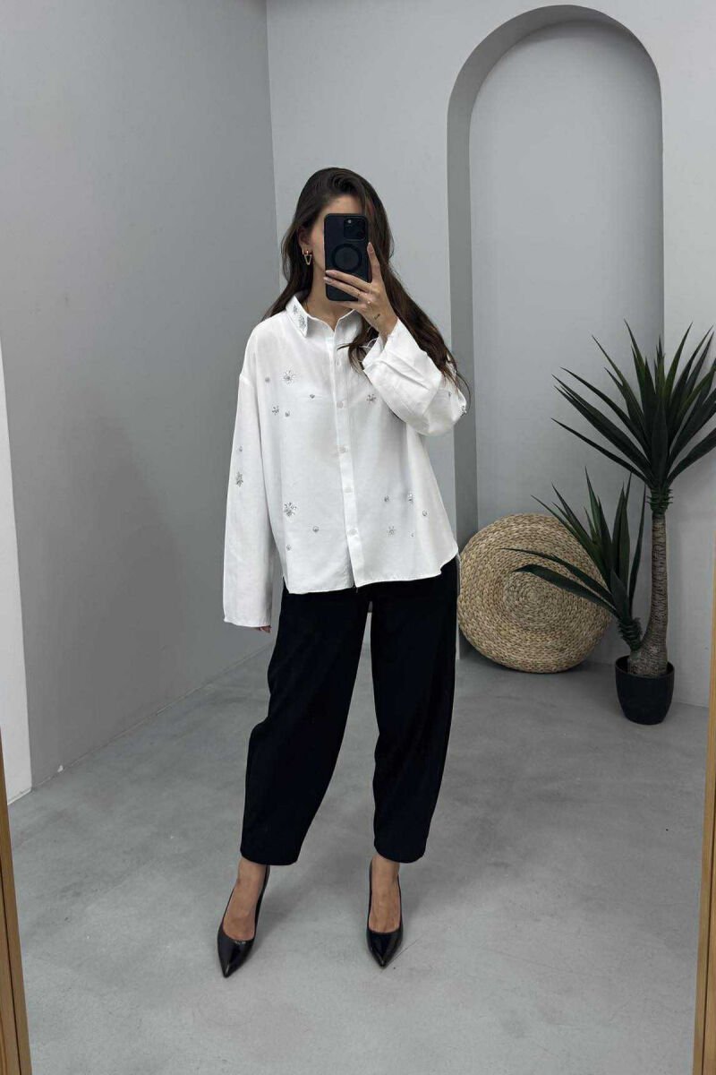 SHINY STONES DETAIL ONE COLOR WOMEN SHIRT WHITE-E BARDHE - 1