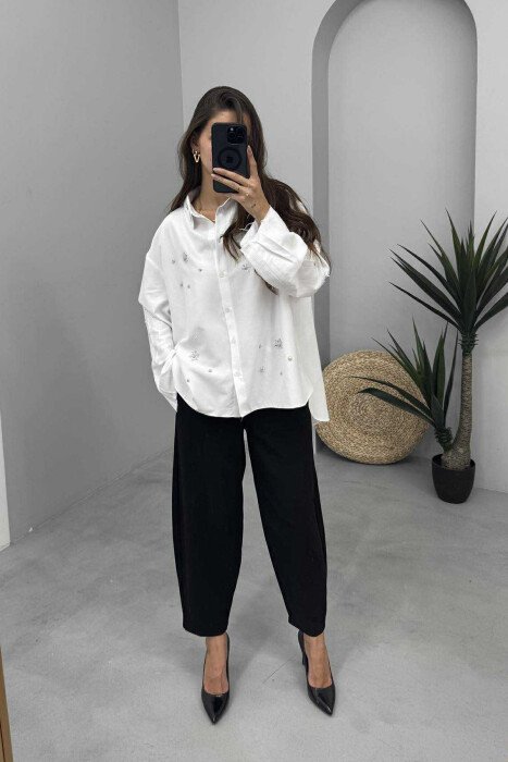 SHINY STONES DETAIL ONE COLOR WOMEN SHIRT WHITE-E BARDHE - 2