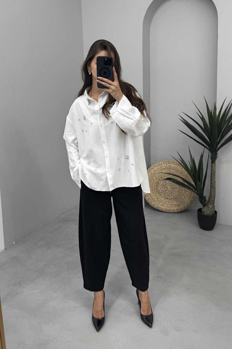 SHINY STONES DETAIL ONE COLOR WOMEN SHIRT WHITE-E BARDHE - 2