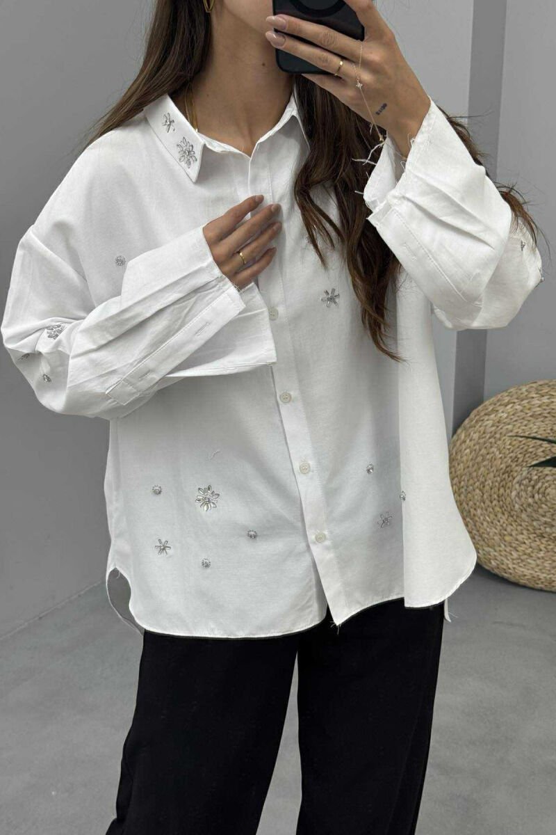SHINY STONES DETAIL ONE COLOR WOMEN SHIRT WHITE-E BARDHE - 4