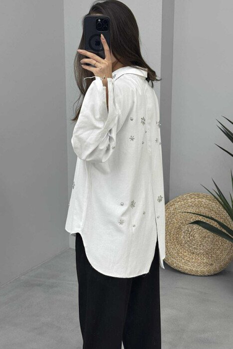 SHINY STONES DETAIL ONE COLOR WOMEN SHIRT WHITE-E BARDHE - 3