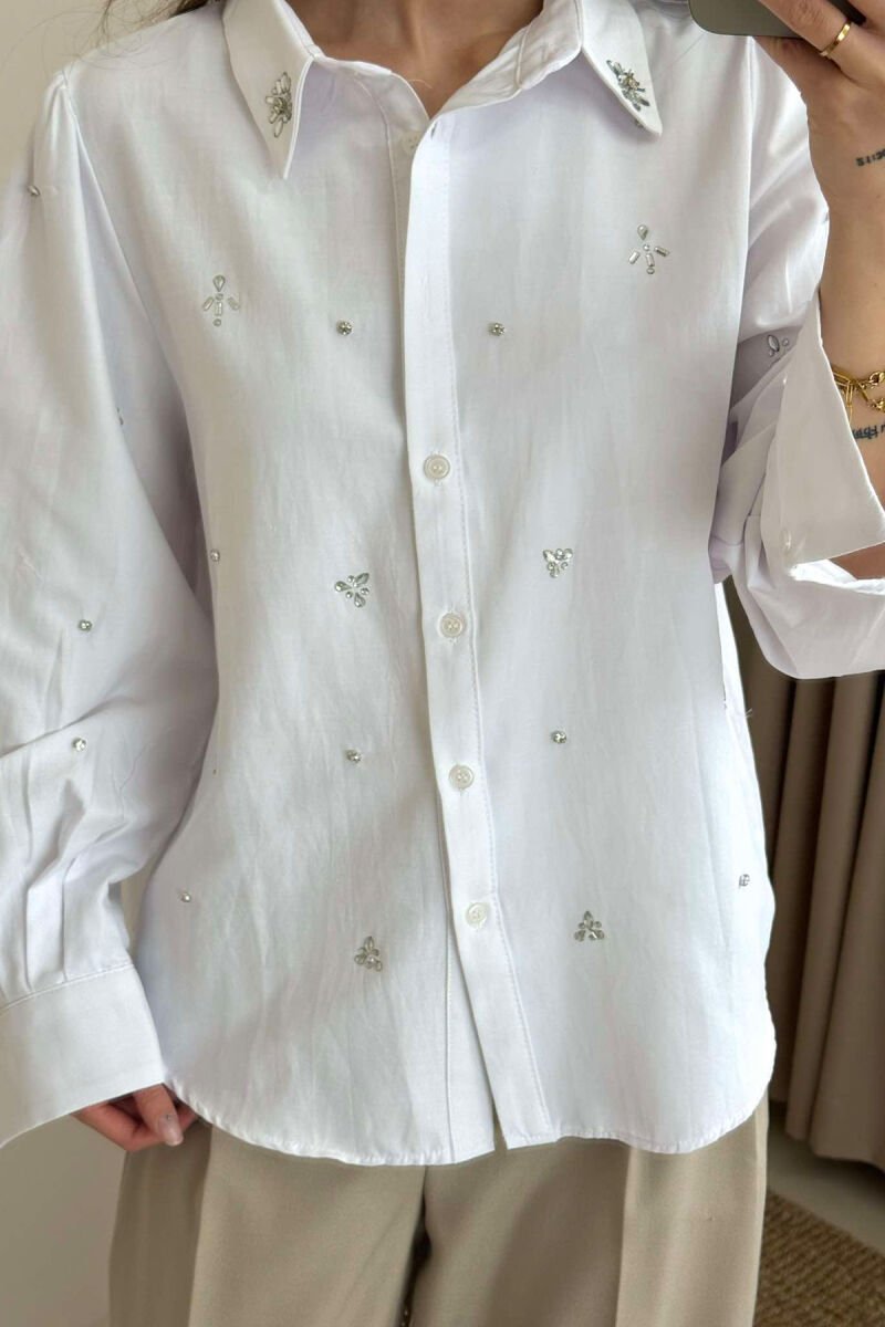 SHINY STONES DETAIL ONE COLOR WOMEN SHIRT WHITE-E BARDHE - 13