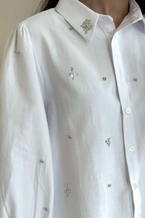 SHINY STONES DETAIL ONE COLOR WOMEN SHIRT WHITE-E BARDHE - 14
