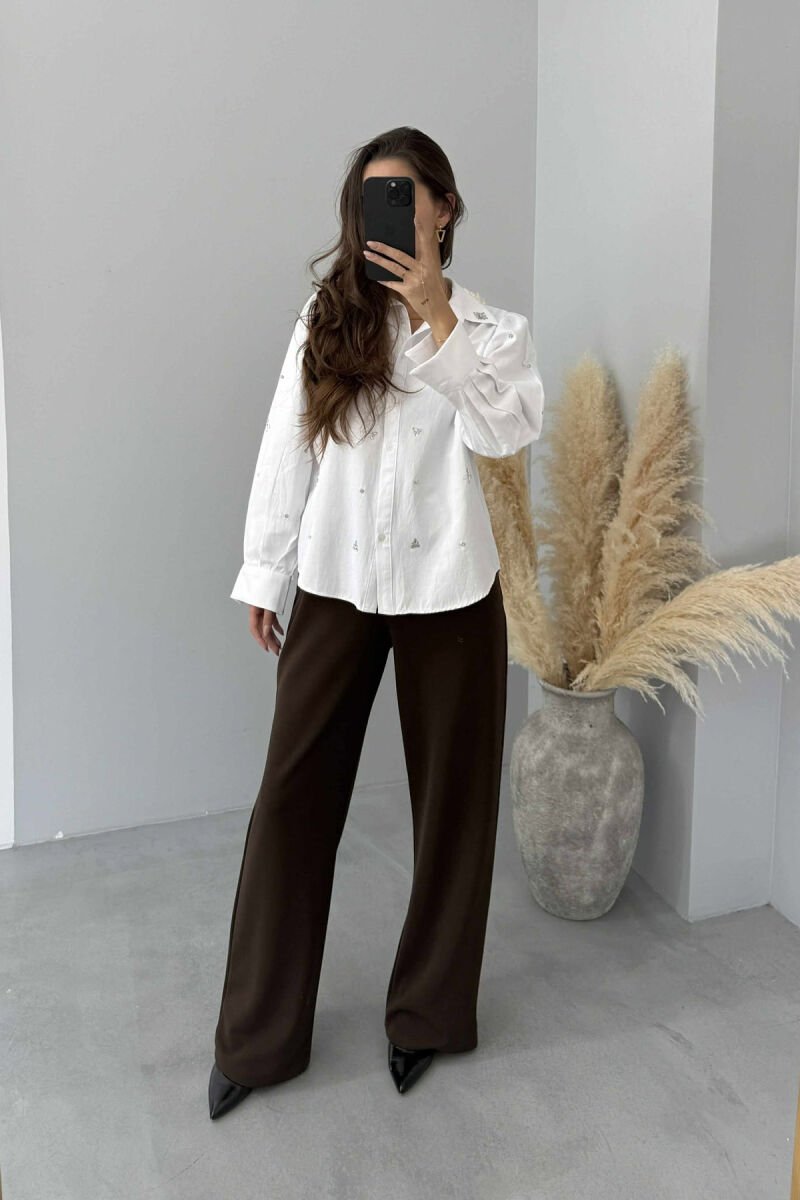 SHINY STONES DETAIL ONE COLOR WOMEN SHIRT WHITE-E BARDHE - 1