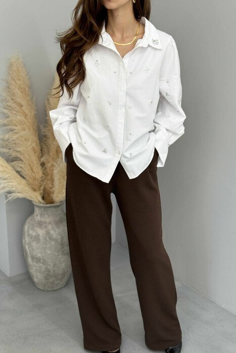 SHINY STONES DETAIL ONE COLOR WOMEN SHIRT WHITE-E BARDHE - 4