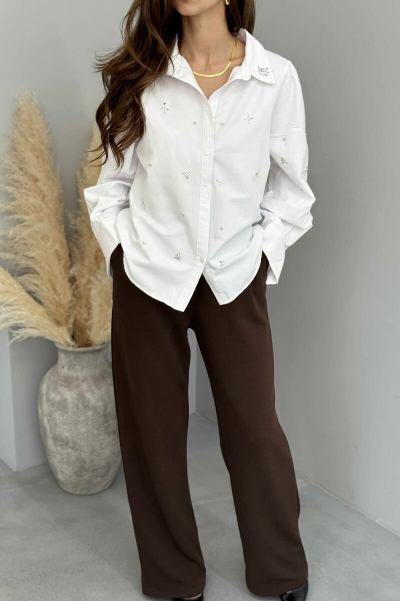 SHINY STONES DETAIL ONE COLOR WOMEN SHIRT WHITE-E BARDHE - 4